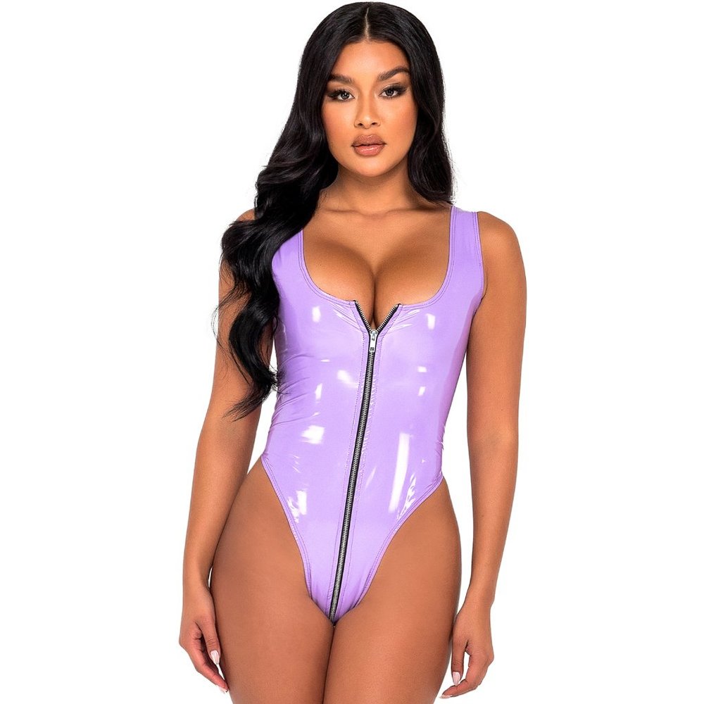 Purple Vinyl Romper with Zipper Front and Wide Straps